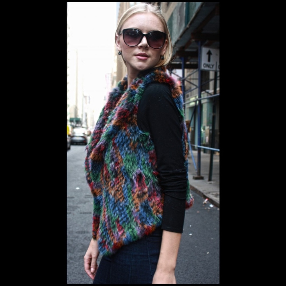 Multi Colored Knit Rabbit Fur Vest - Picture 4 of 8